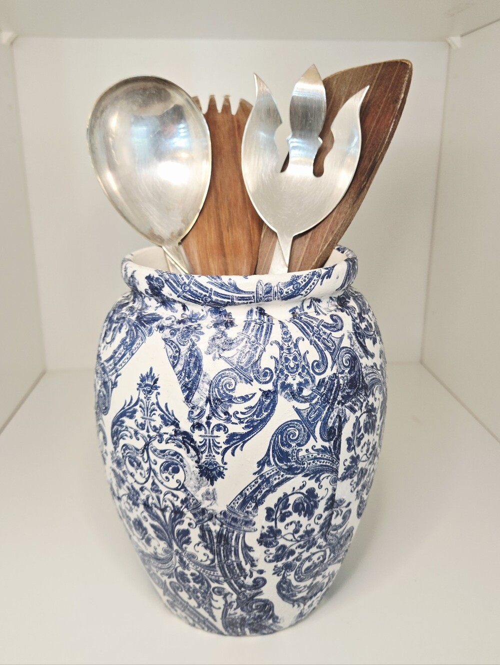 Decorative Decoupage Blue & White French Toile Utensil Holder